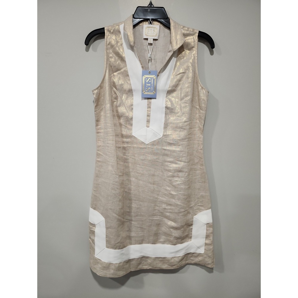 STS Sail to Sable NWT Midi Dress Womens XS Gold Sleeveless 100% Linen V Neck New